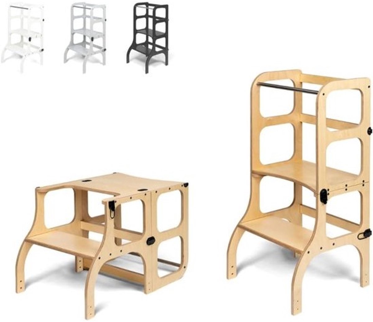 Montessori Leertoren - Kinderkeukentoren Tafel - Praktische Vaardigheden Leren - 2-in-1 Multifunctioneel - 40 cm diep - Houtkleurig