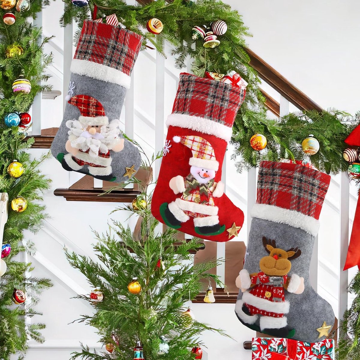 Kousen, 3 stuks kerstkousen, lege kerstkousen, lege kerstkousen, kleine / grote kerstkousen, kerstdecoratie voor open haarden, trappen, kerstbomen (L)
