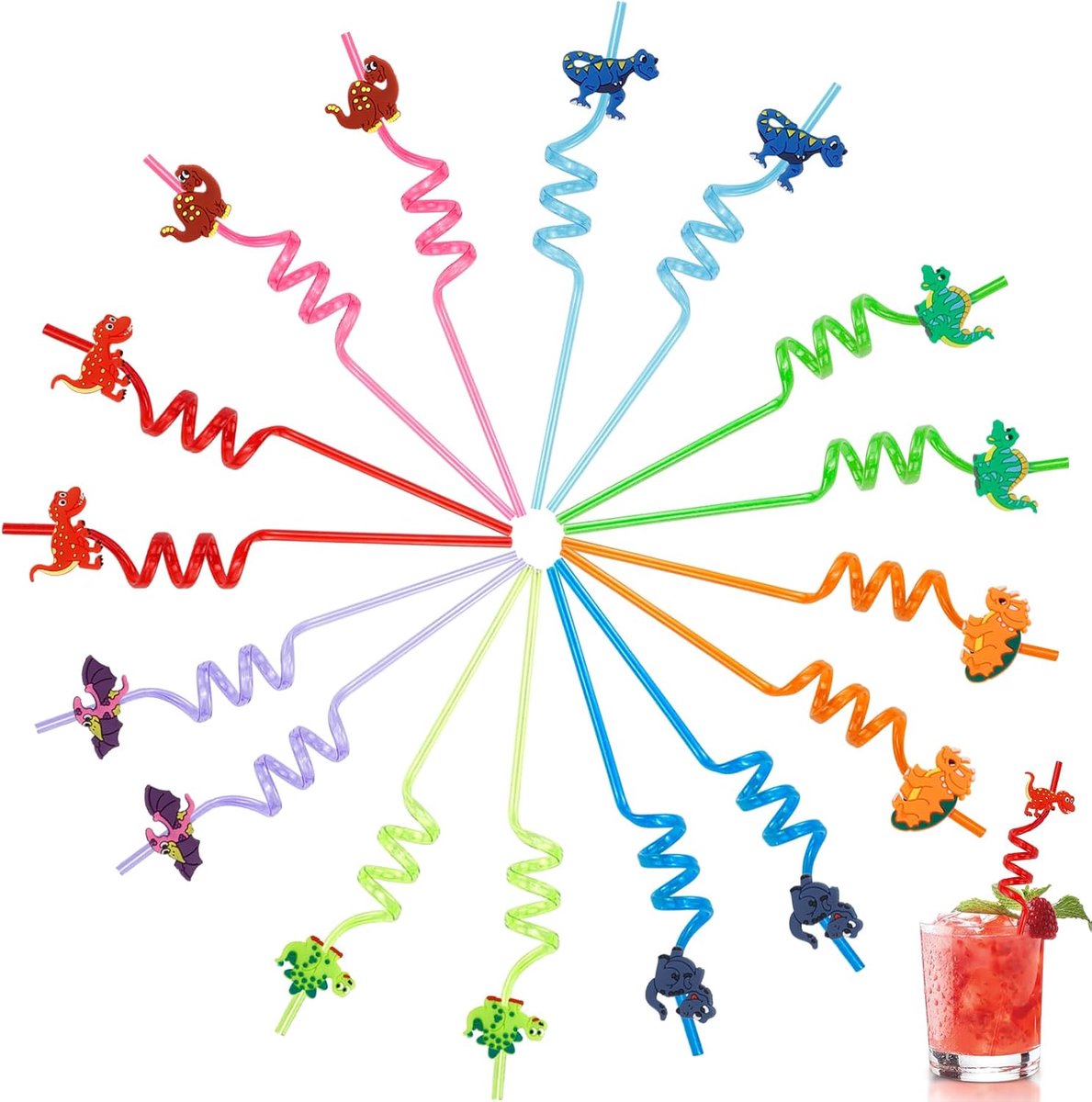 rietjes drinkrietjes dik plastic rietjes met knik 16 stuks drinkbuisjes herbruikbaar rietjes dinosaurus party decor rietjes kunststof voor kinderen volwassenen (Dinosaurus)
