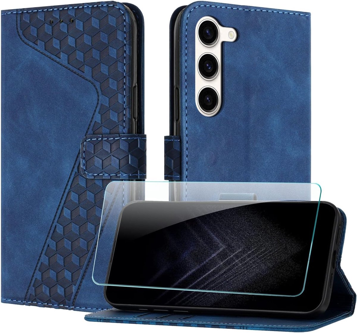 Telefoonhoesje voor Samsung Galaxy S23 met Schermbeschermer, PU Flip wallet Hoesje met Kaartenvakken en Horizontale Standfunctie Magneet voor Galaxy S23 (Blauw)