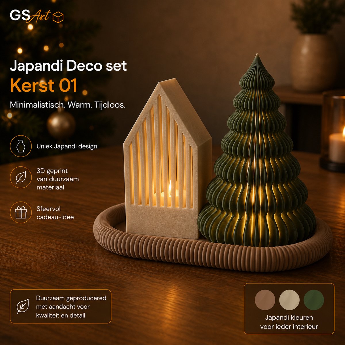 GSArt Japandi Deco Set Kerst 01 – Kerstdecoratie met Huisje, Kerstboom & LED Kaarsjes – 3D Geprint