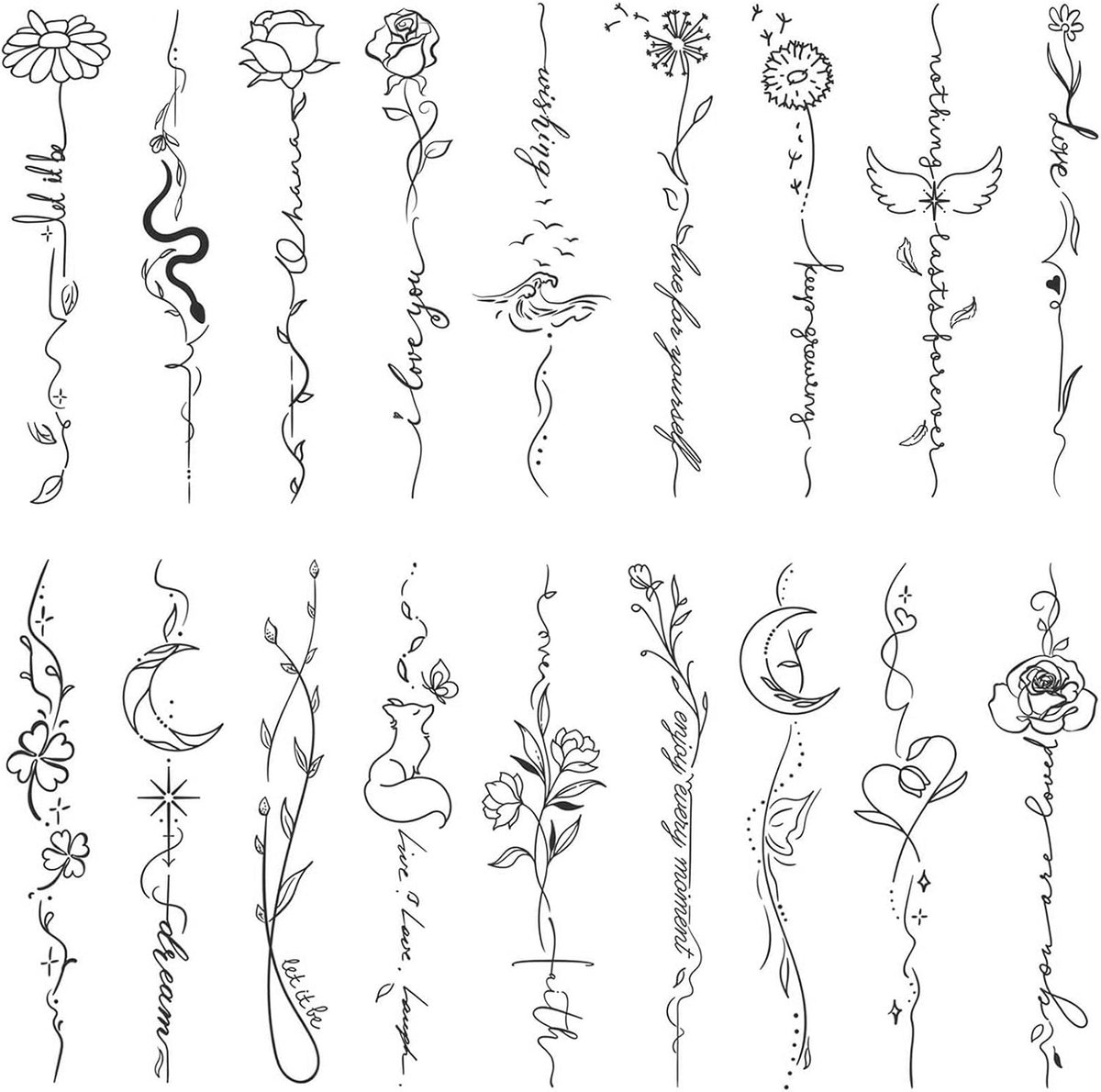 Tijdelijke Tattoos voor Vrouwen en Meisjes, 8 Vellen met Lange Bloemen- en Script-Tattoos voor Volwassenen, Waterbestendig, Realistisch