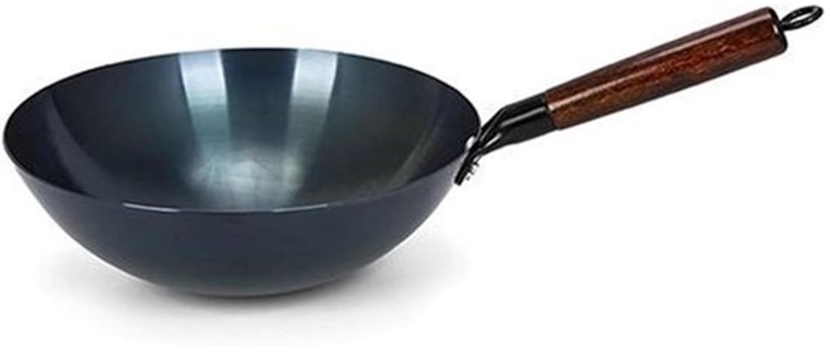 Traditionele Wokpan - Roerbakpan Ronde Bodem - Authentiek Koken - Enkele Handgreep - 36cm Diameter