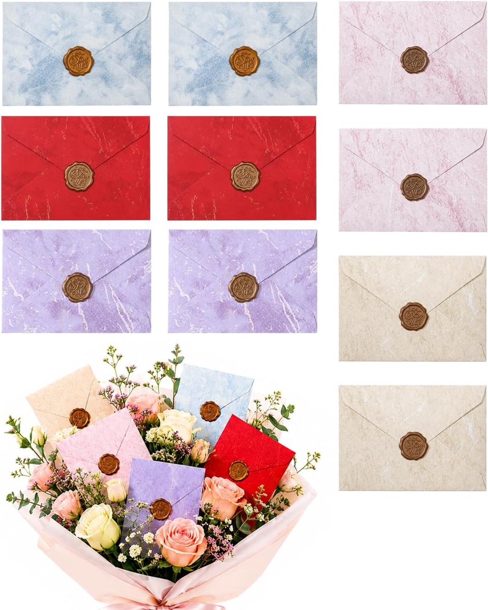 10 enveloppen van dik kraftpapier, 250 g, vintage stijl, waszegel, kleine enveloppen voor bruiloft, uitnodiging, wenskaart en cadeau, 5 kleuren