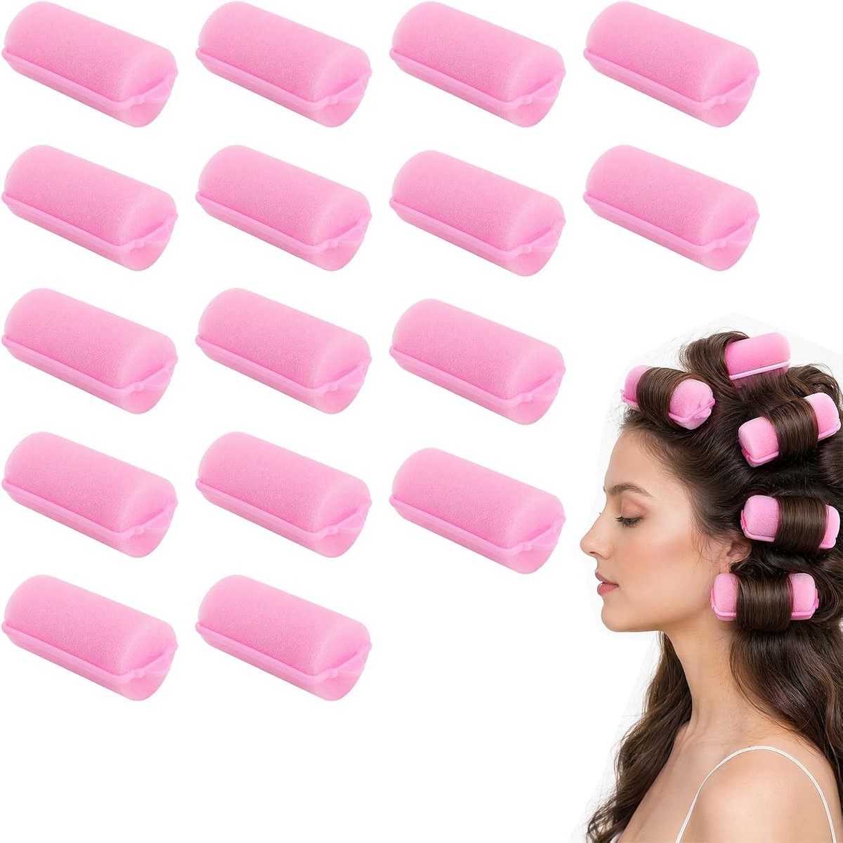 Krulspelden, groot, zacht schuim, krullers, zonder hitte, doe-het-zelf haarstyling, lange krullen (roze)