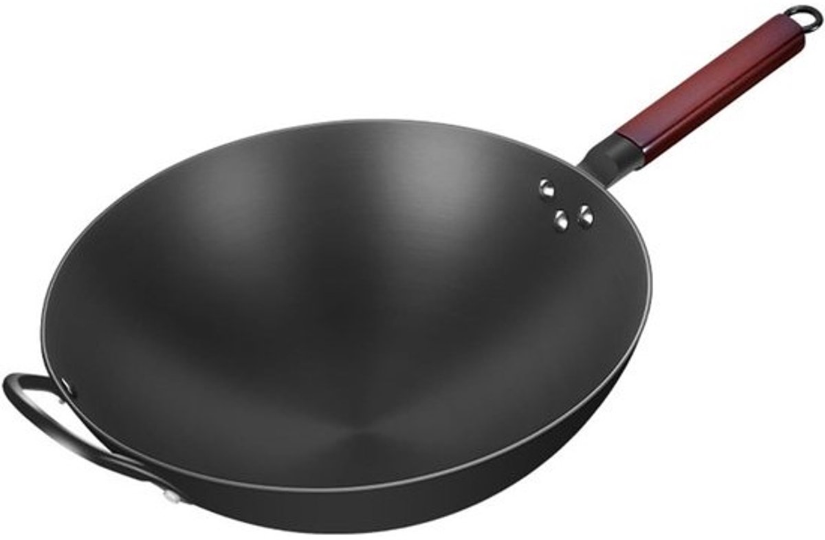Koolstofstaal Wok - Wokpan Platte Bodem - Aziatisch Koken - Transparant Deksel - 32 cm