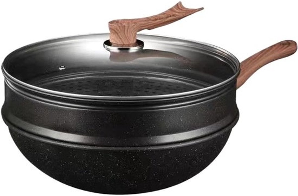 Wokpan met Deksel - Diepe Keukenpan - Aziatisch Koken - Antiaanbaklaag - 32 Cm - Zwart