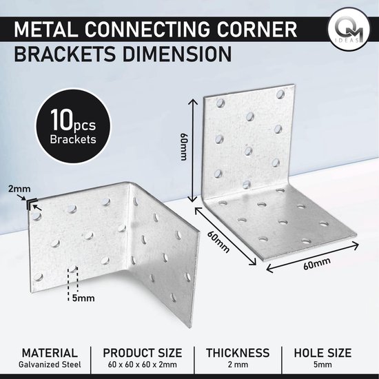 10 x Hoekbeugels (60 x 60 x 60 x 2) Hoek Metalen Verstevigingen Hout Timmerhout Gegalvaniseerd Staalplaat Verbinden Samenvoegen Bevestigen L Reparatie Connector — afbeelding 2