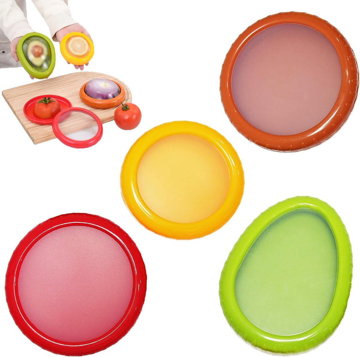 fruitopslag, 4-delige set, rood, geel, groen, bruin, vershoudcontainer, geschikt voor het bewaren van verschillende helft groenten en fruit