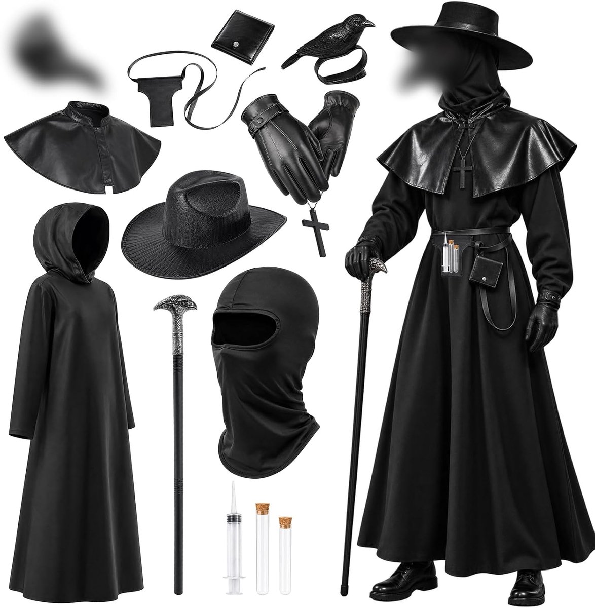 pestdokterskostuum, pestdoktersset met masker, cape met capuchon, handschoenen, kruisketting, gezichtsdoek, pestarts, Halloween, cosplay, volwassenen