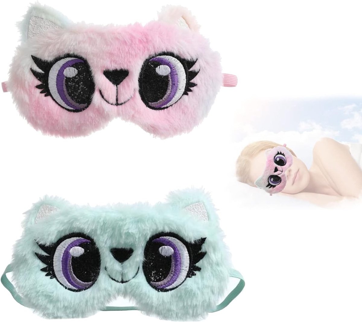 Pack van 2 Slaapmaskers voor Volwassenen en Kinderen - Zachte 3D Cartoon Oogmaskers voor Reizen, Fluffy Blindfolds en Slaapbescherming