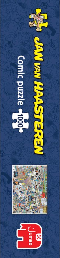 Zijkant van een Jumbo puzzeldoos met Jan van Haasteren logo, titel en afbeelding van de puzzel.
