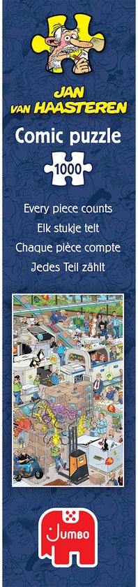 Zijkant van een Jumbo puzzeldoos met Jan van Haasteren logo, titel en een close-up afbeelding van de puzzel.