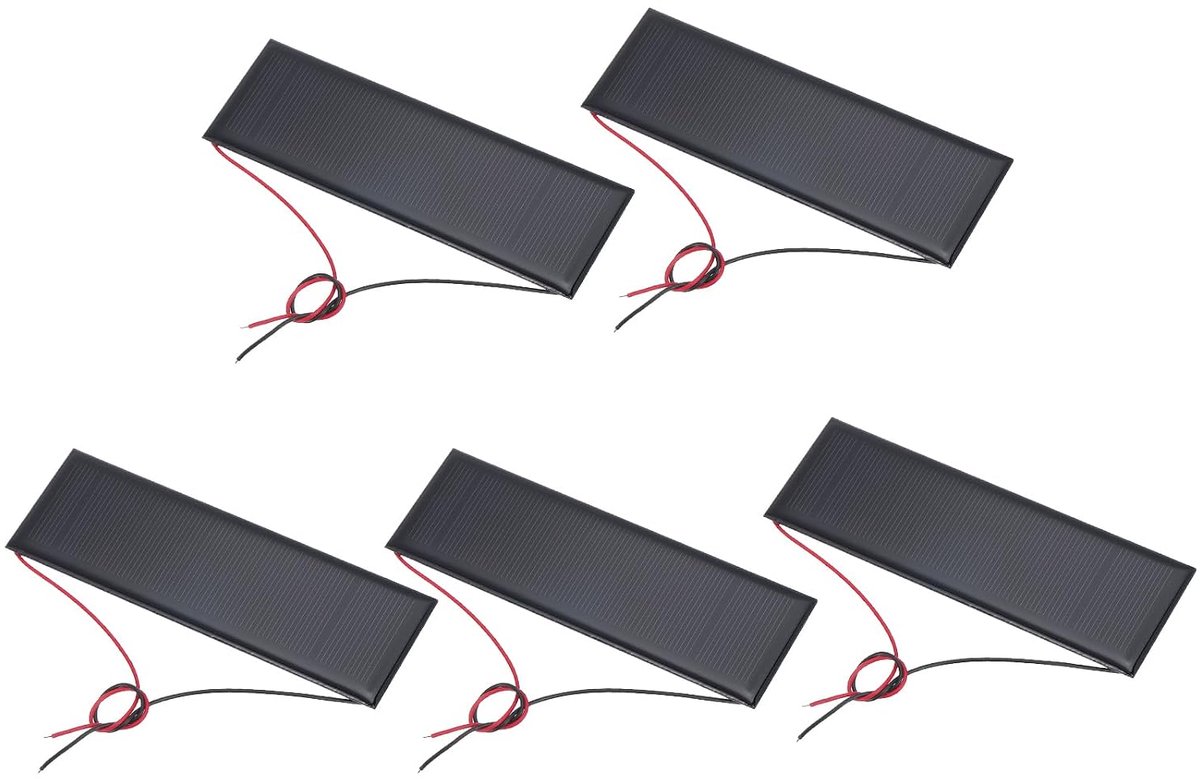 5 stuks miniatuur zonnepanelen, 6 V, 0,6 W, 100 mA, kleine polykristallijne zonnepanelen met 2 kabels voor elektrische speelgoedmateriaalsets, doe-het-zelf, oplader, 120 mm x 38 mm