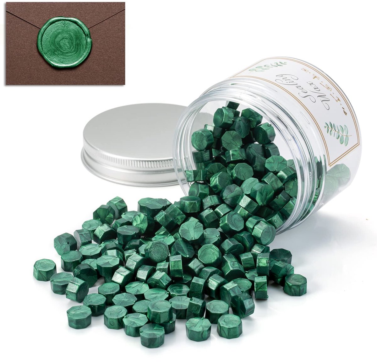 200 stuks zegelwaskralen groen voor verzegeling, decoratie van brieven, retro vintage achthoekige drops stempel, was, letterzegellak, granulaat voor bruiloft, uitnodigingen, kaarten, enveloppen,