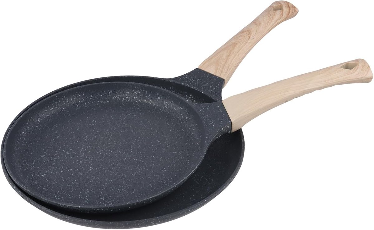 20 cm en 24 cm, platte pannenkoekenpan met houten handgrepen, voor fornuizen, inductiekookplaten, set van 2