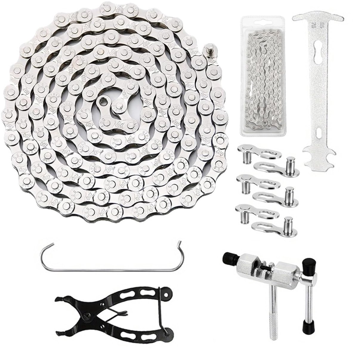 6/7/8 Versnellingen, Fietsketting met Gereedschapsset, Kettingpons, Schakeltang, Kettingsluittang en Kettingslot voor Mountainbike, Racefiets en Stadsfiets Reparatie