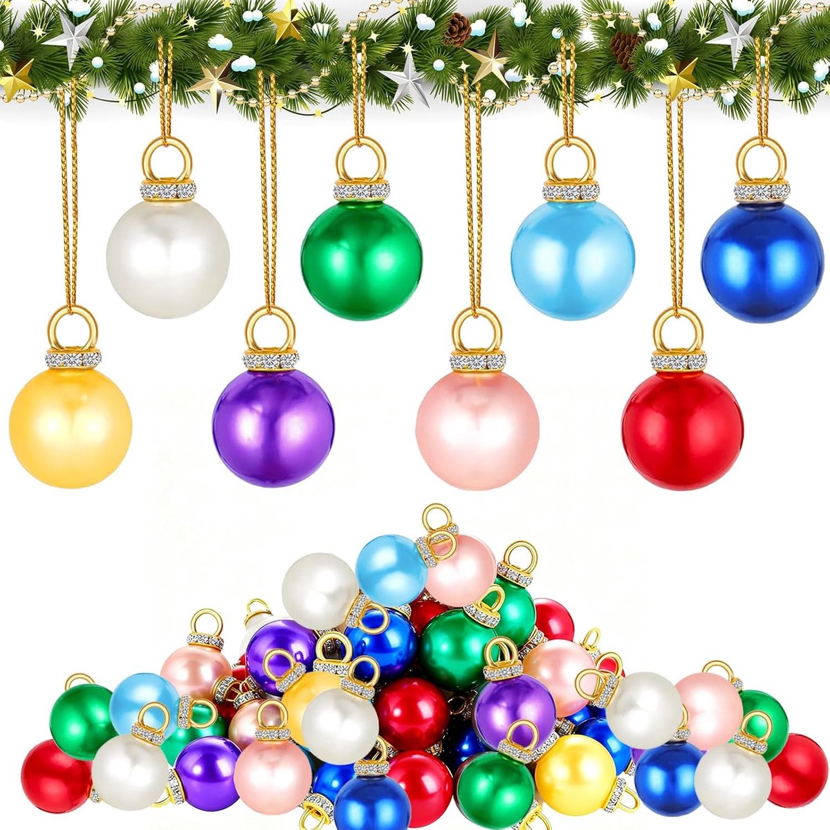 Kerstballenset, 72 stuks mini-kerstballen, 16 mm, kleurrijke, met 10 m gouddraad, voor kerstbomen, slingers, trappen, ramen