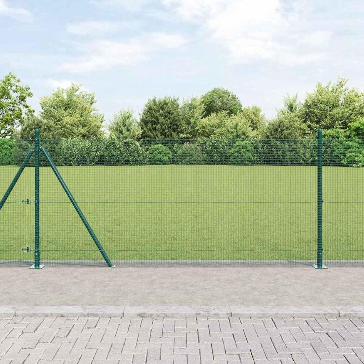 Gelaste draadomheining met 13 flens hekpalen groen 0,8 x 25 m staal, hekstangen metalen palen voor draadhekken tuinhek tuin weidehek buiten