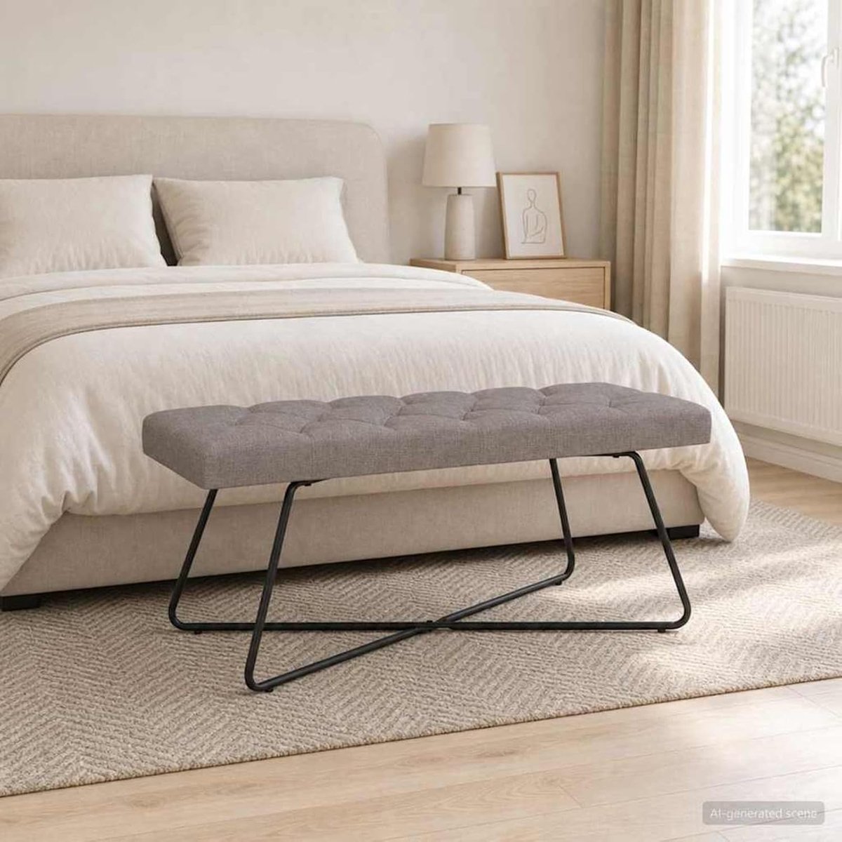 Bank met knoopsluiting, 110 x 40 x 46 cm, gestoffeerde bank van stof in taupe, elegante zitbank voor slaapkamer, hal of woonkamer, modern design bank met gevoerde zitting