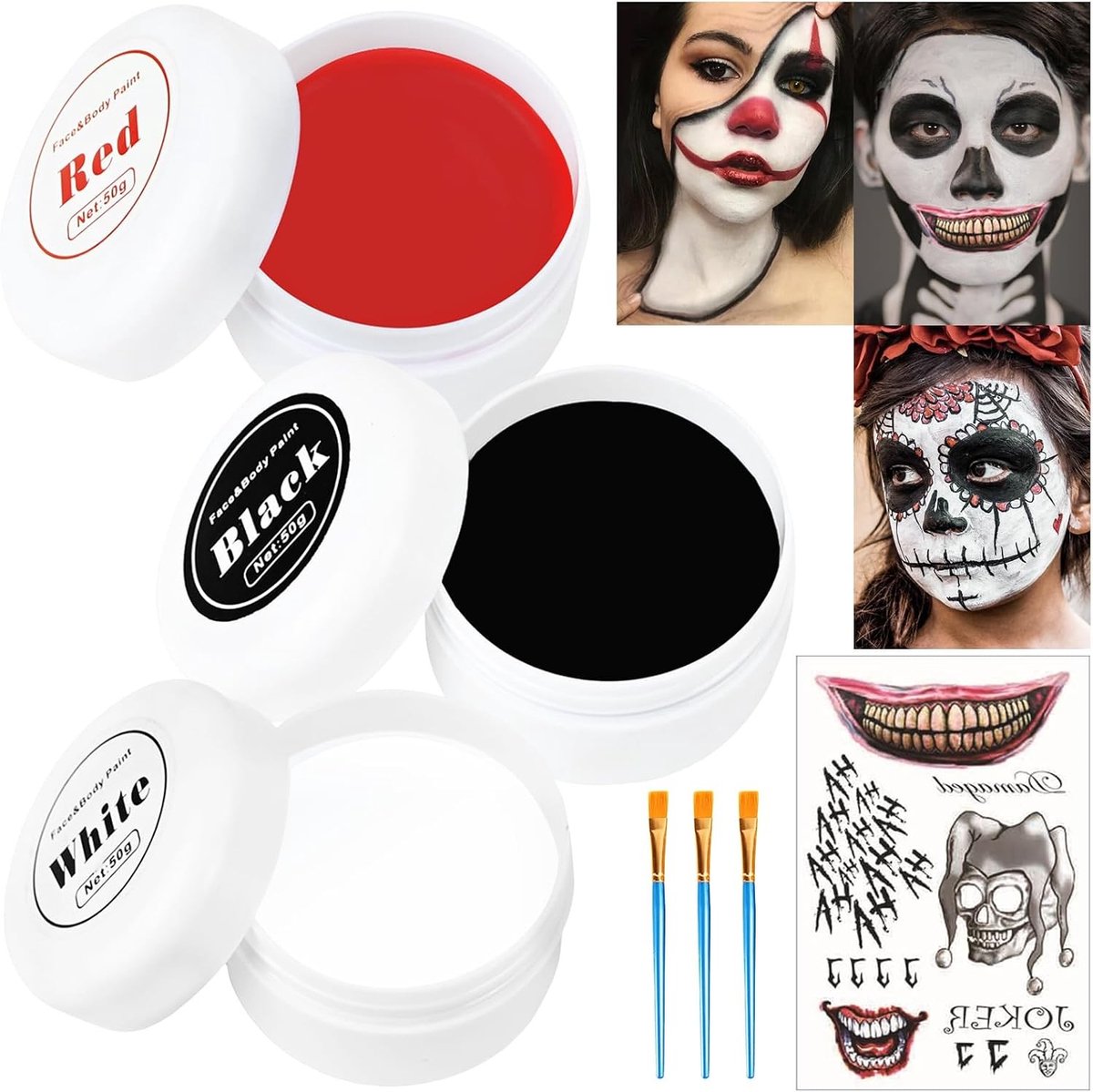 Creepy Halloween Clown Makeup Set met Zwart, Wit, Rood en Crème, Inclusief Make-upkwasten en Griezelige Tattoos voor Volwassenen
