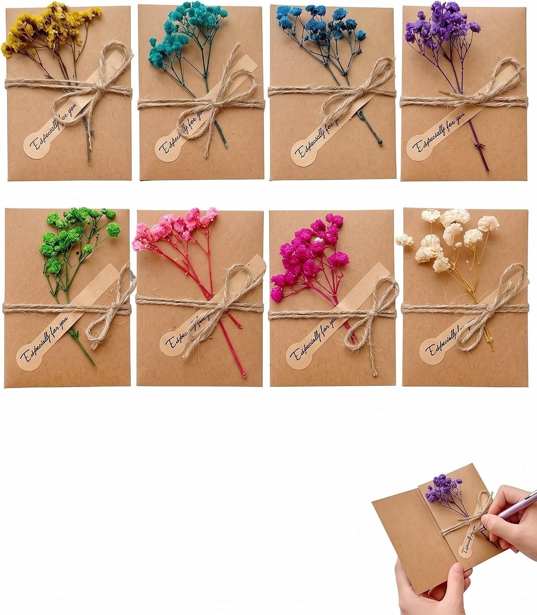 Set van 8 verjaardagskaarten voor verjaardag en bruiloft met envelop, retro kraftpapier, 10 x 7 cm, met gedroogde gypsophila-bloemen, gesorteerd in 8 kleuren, uitnodigingen en doopkaarten om