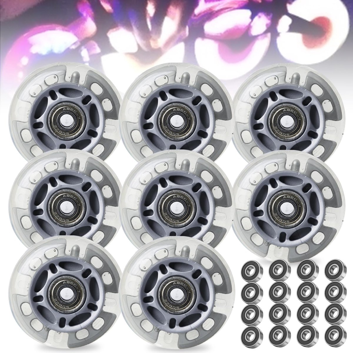 8 stuks inline skate rollen, 72 mm zilvertransparante inliner rollen met 16 stuks kogellagers, knipperende wielen, inline skate wielen inliner rollen, rollen voor inline-skates, onderdelen voor inline