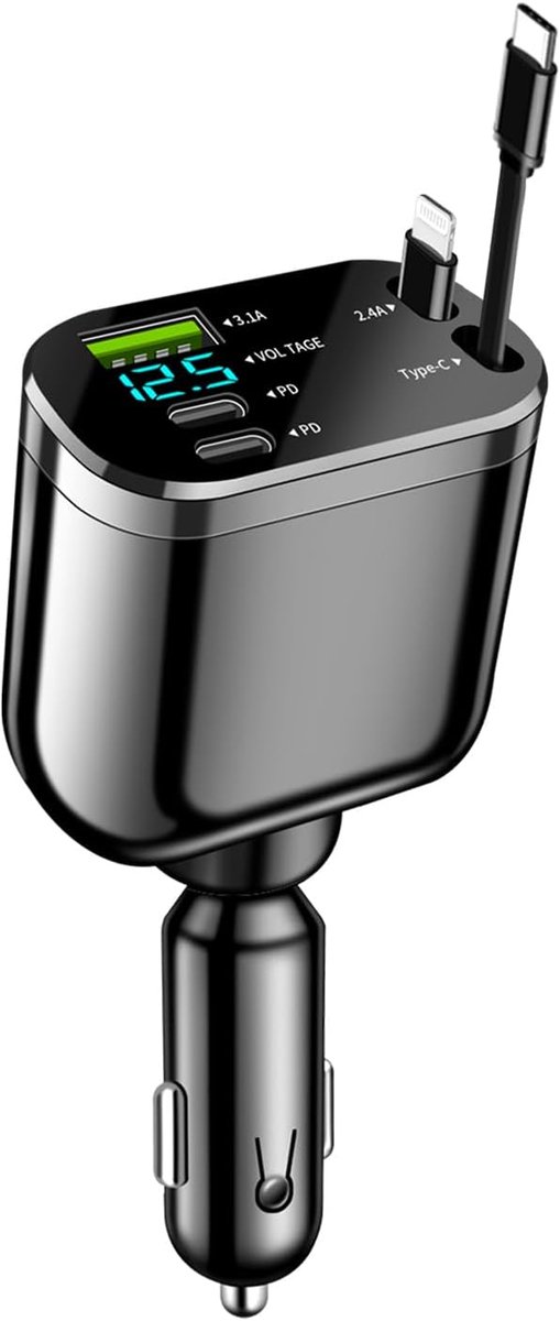 Autolader USB C Auto 82W 5-in-1 met intrekbare PD 3.0 | Snel opladen voor iPhone 16 15 14 13 12 Pro Max, iPad, Galaxy S25 S24 Ultra, Tablet, GPS (zwart)