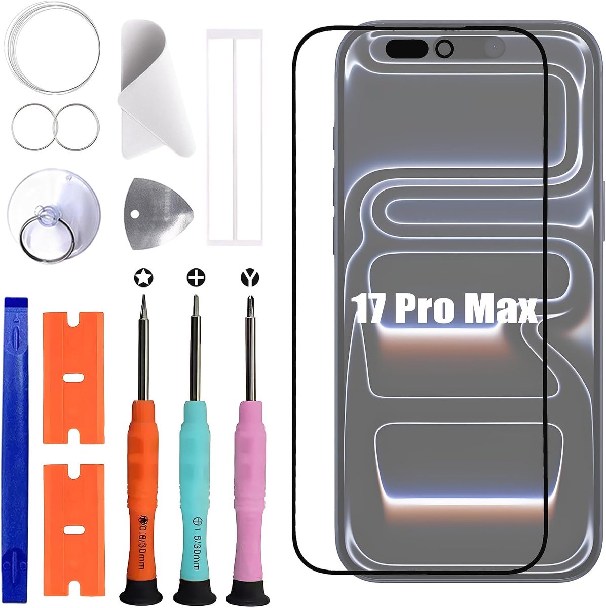 Iph-one 17 Pro Max A3526, A3257, A3527, A3525 display glas voorglas reparatie vervangende set [met OCA lijm] [geen LCD-scherm] 6,9 inch met gereedschapsset