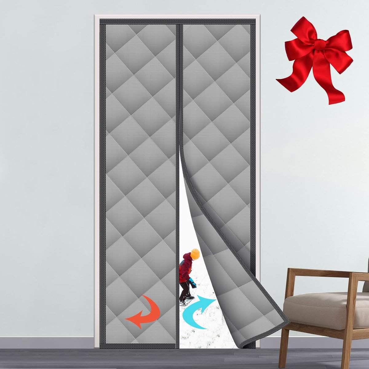 Warmtewerend gordijn voor deuren, thermisch deurgordijn, isolerend gordijn, isolerend gordijn, waterdicht, winddicht, koudebescherming, huisdiervriendelijk, grijs (80 x 200 cm)