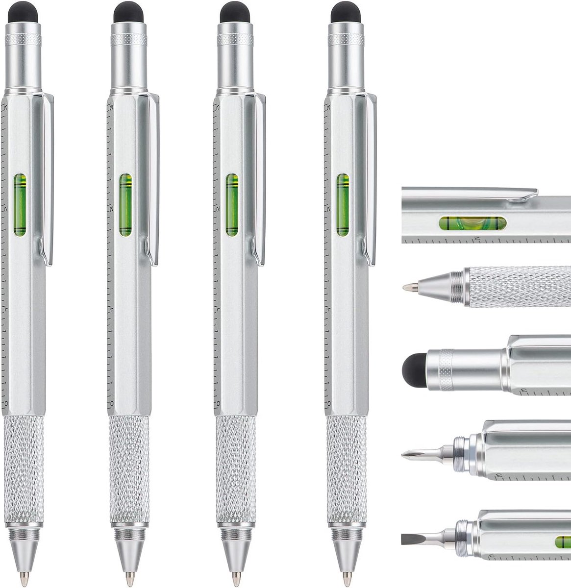 4 stuks multitool pen met extra vullingen, 6-in-1 multifunctionele metalen balpen met liniaal en niveaumeter, coole gadget voor mannen, cadeau voor echtgenoot Papa Vader (Zilver)