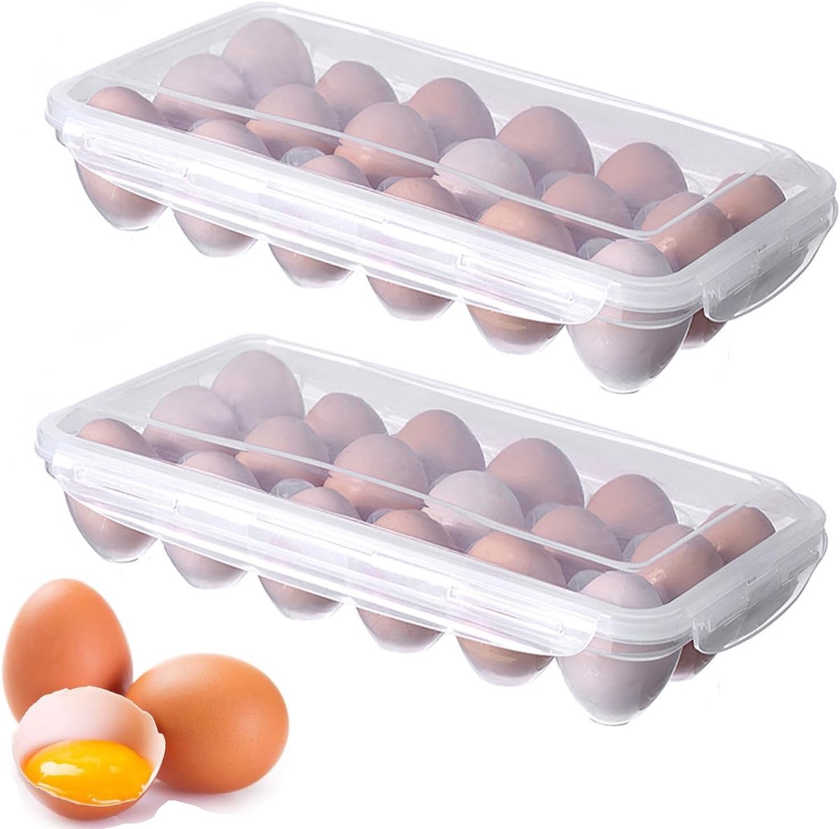 2 stuks transparante eierdoosjes, eierdoos van kunststof, eierdoos 18 eieren, opbergdoos voor eieren van kunststof, koelkast-ei-plastic containers, te gebruiken in koelkasten (18 griglie)