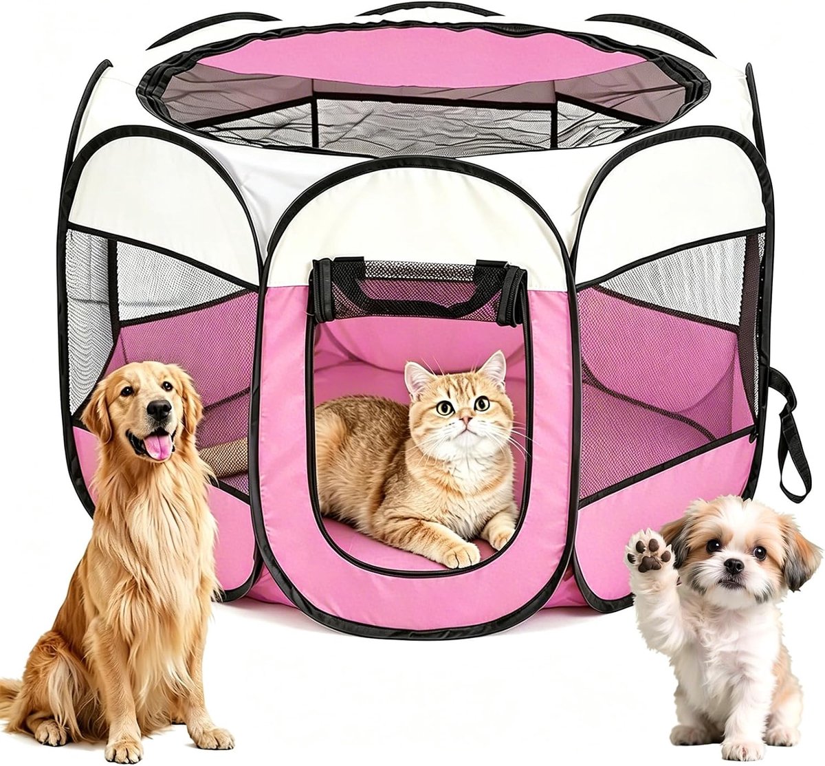 opvouwbaar, voor thuis, puppybox, kattenhok voor binnen en buiten, hondenkooi, hondentent, vrijloophok, konijnenbox, kat, hond, katten, tent, hok voor kleine dieren (beige + roze)