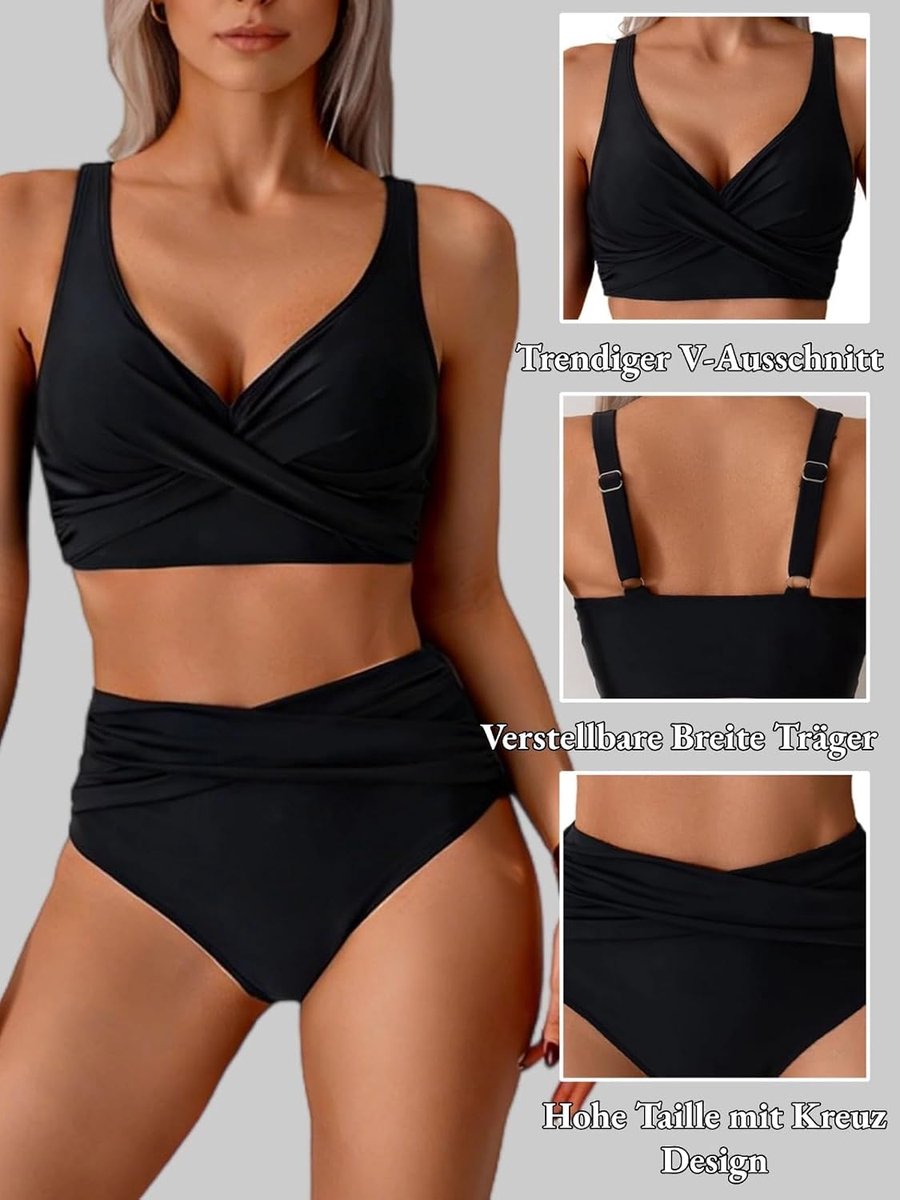 Bikini voor dames, push-up, hoge taille, sexy driehoek, brede onderborstband met cups, tweedelig badpak, badmode, zwart, M