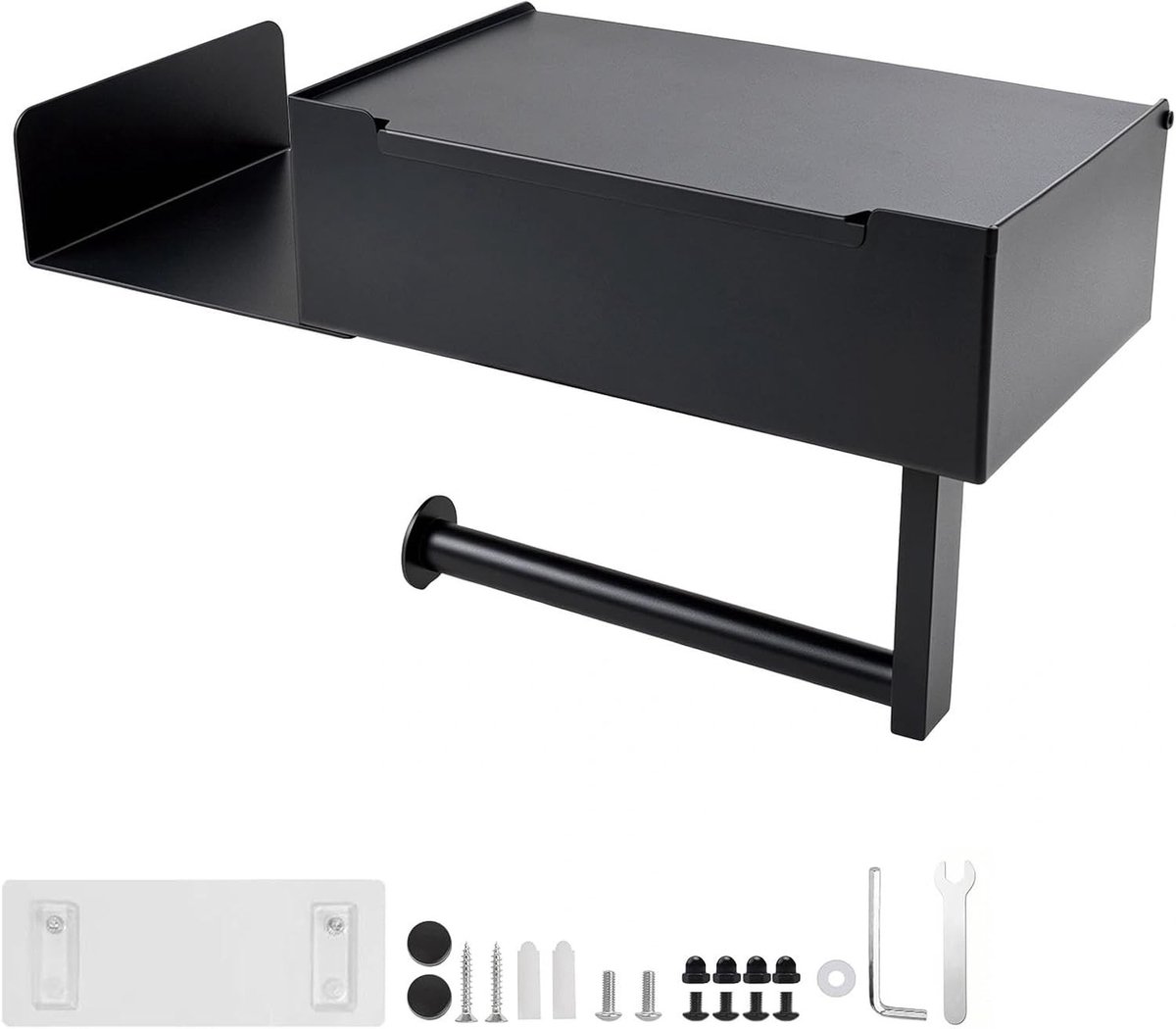 Toiletpapierhouder zonder boren met plank en extra vak, roestvrij staal 3-in-1, ideaal voor badkamer en toilet, zwart en modern design