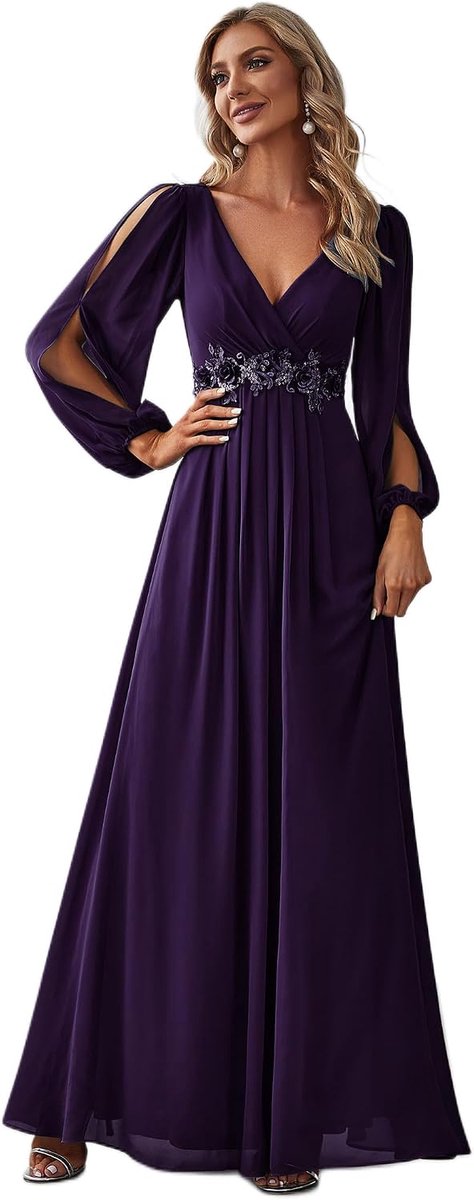Jurk, EP00461-P, voor moeder van de bruid, grote maat, dames, lange mouwen, V-hals, chiffon, applicatie, geplooid