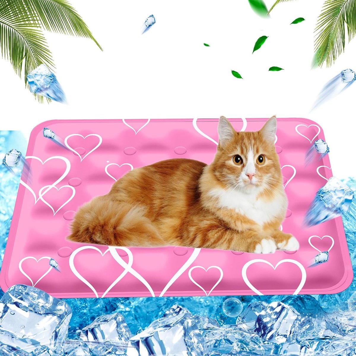 Koelmat voor honden, katten, huisdieren, koeldeken, met water gevulde koelmat, zomerkoelkussen, waterdicht, roze hart, 40 x 50 cm, M