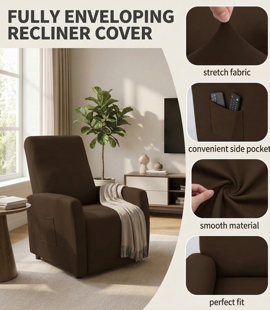 Recliner Stoelhoes Elastisch voor 1-Zits Bruin - 4-delige Hoes met Zijvakjes, Afneembaar en Wasbaar — afbeelding 4