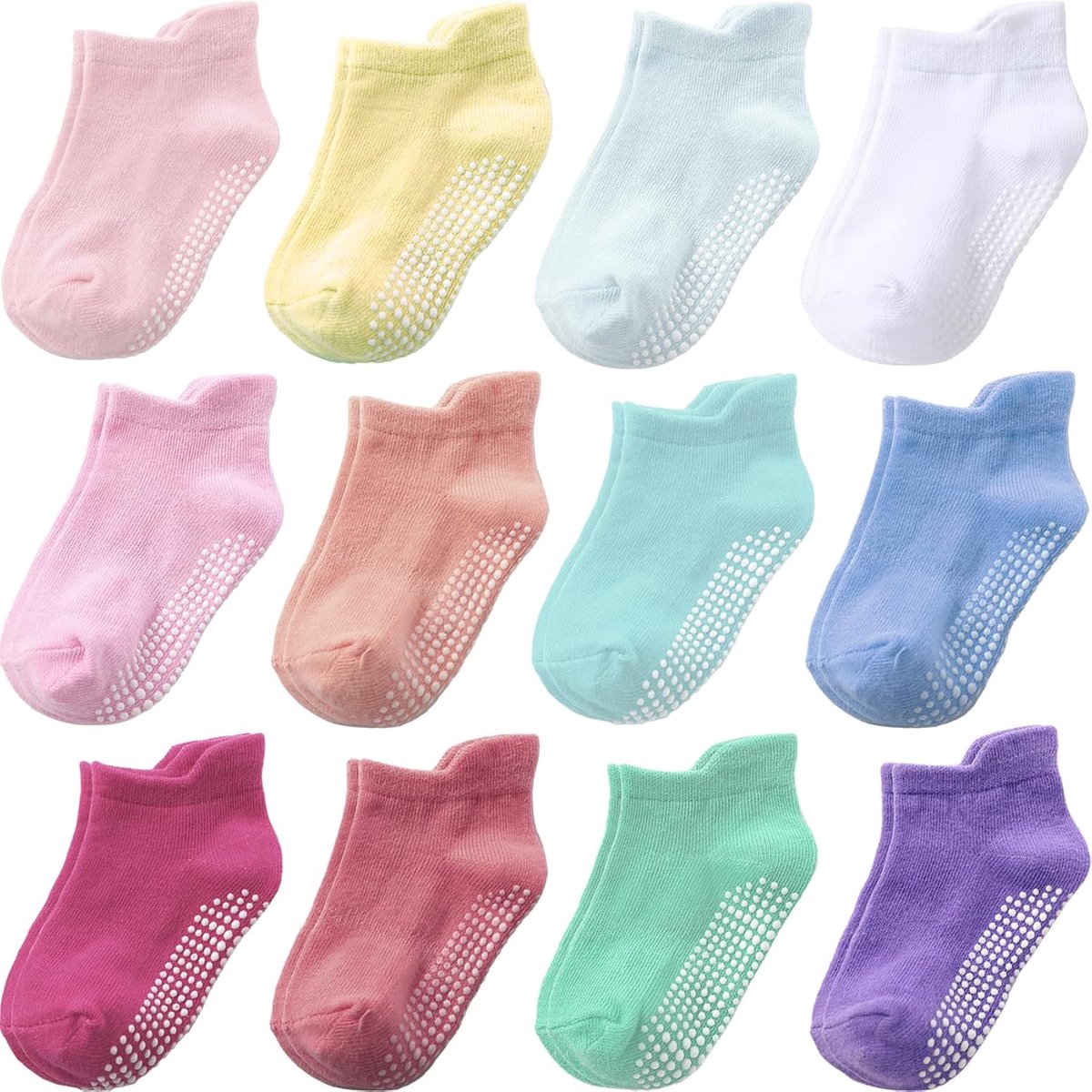 Sokken met Antislip voor Peuters, Jongens & Meisjes, Katoen, 12 Stuks, Leuke Enkelsokken, 6M-7 Jaar