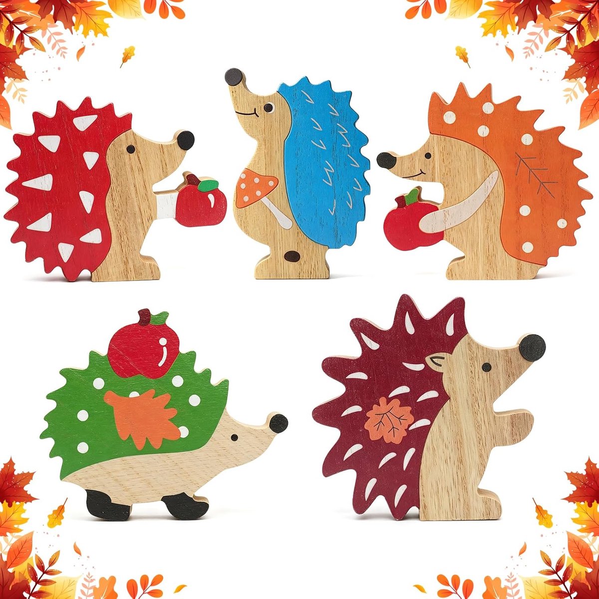 Set van 5 houten egels als herfstdecoratie