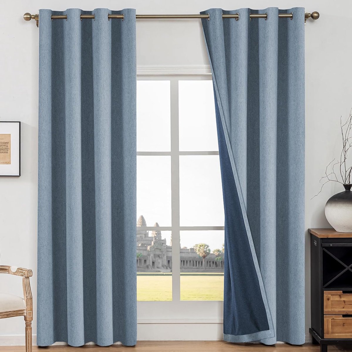 Verduisteringsgordijnen Voor Binnen, 2 Stuks, 140x145cm, Gordijnen Voor Woonkamer, Nep Linnen, Warmte-Isolerend, Geluidsisolerend Gordijn Met Ringen, Voor Slaapkamer, Kinderkamer, Blauw