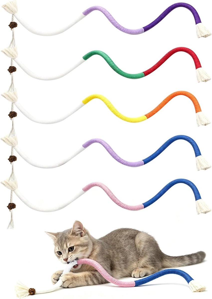5 stuks interactief kattenspeelgoed, bijtspeelgoed, kittens, speelgoed voor kauwen en tandenpoetsen, 70 cm kauwtouw voor katten