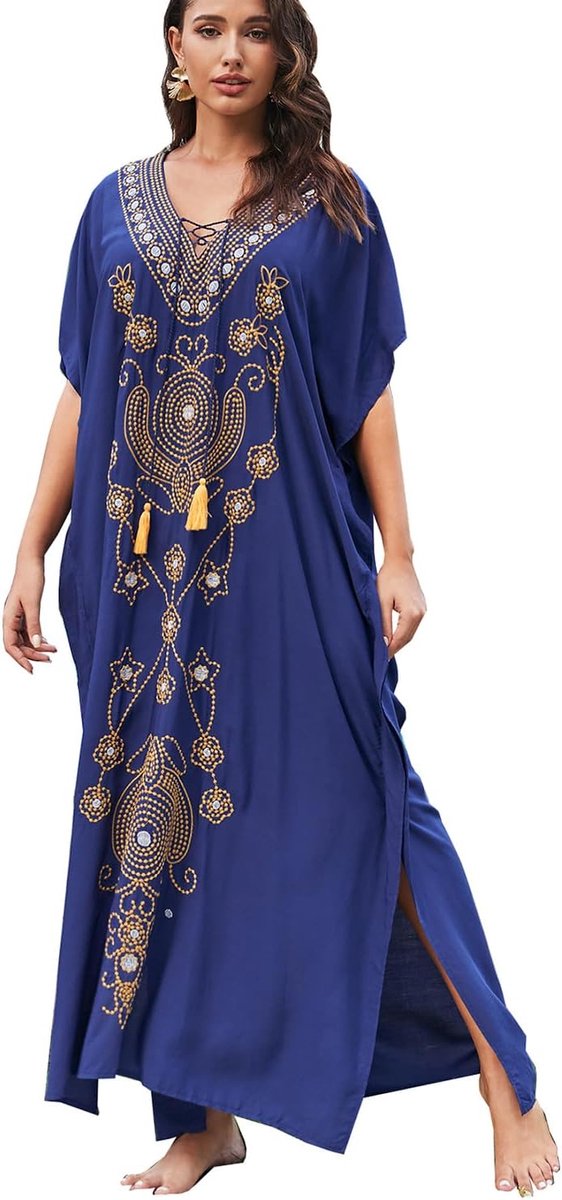 Katoen Geborduurd Bloemen Losse Caftan Boho Strand Bikini Cover-up Jurk Plus Size Gewaad voor Vrouwen
