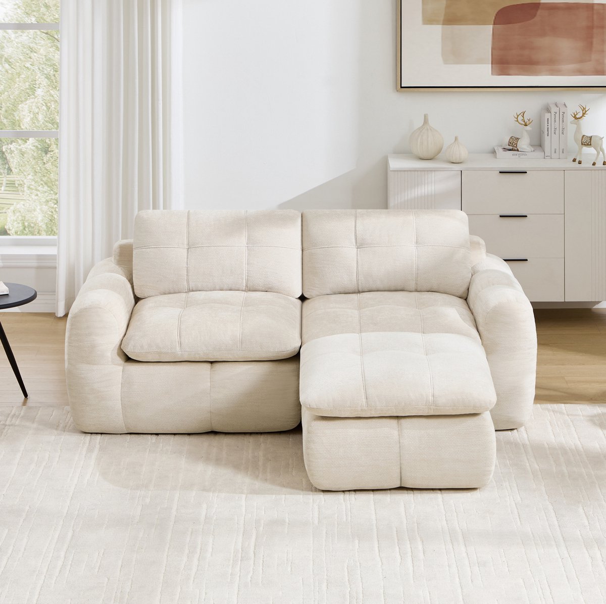 Wishdor Hoekbank - 2-zits L-vormig modulair ontwerp - Met ottoman en gestikt patroon - Voor woonkamer en appartement - Chenille bekleding - Beige - 194 x 160 x 68 cm