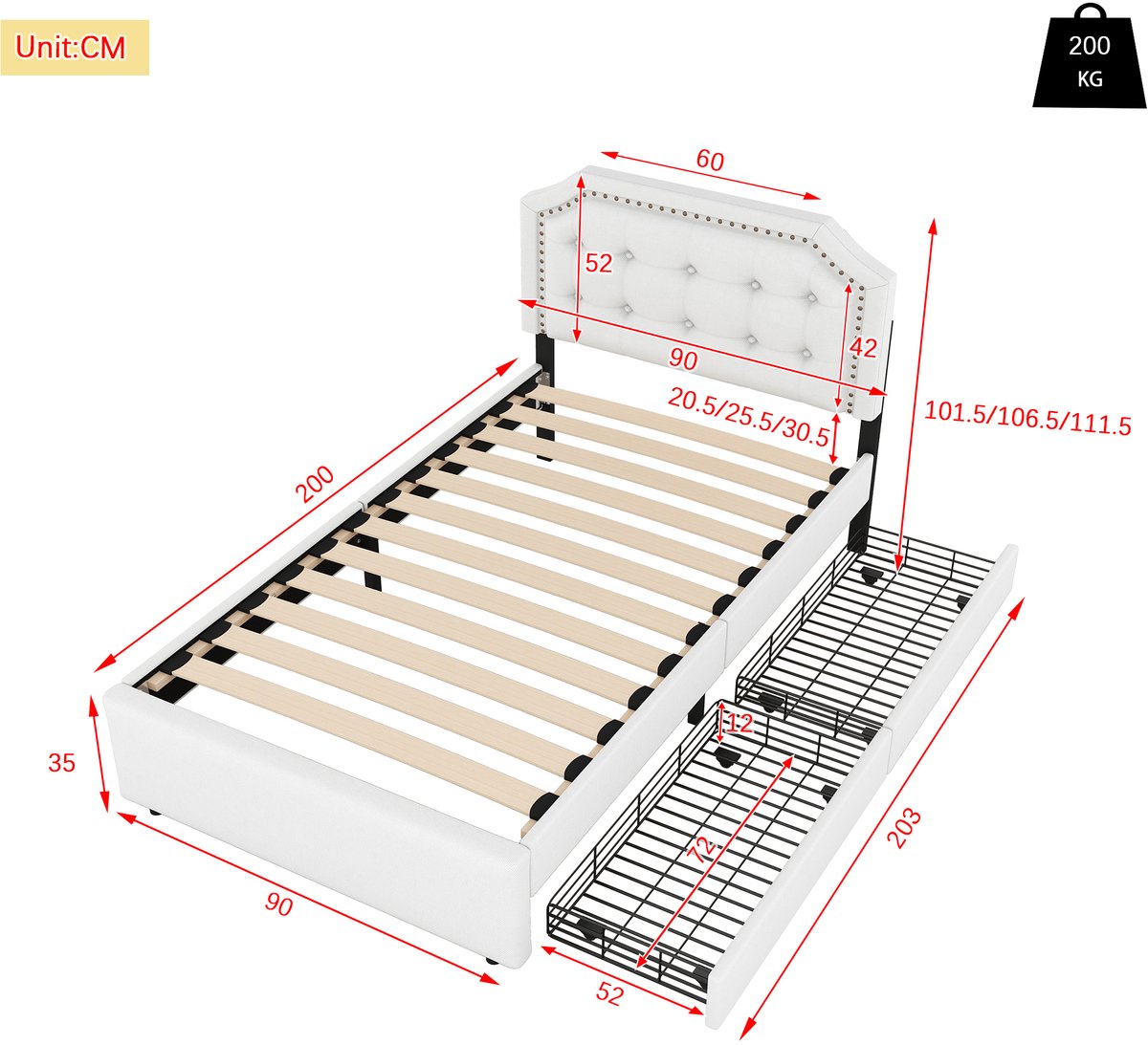 WUVRIE Gestoffeerd bed 90x200 cm met 2 lades, verstelbaar hoofdbord en MDF, lichtbeige