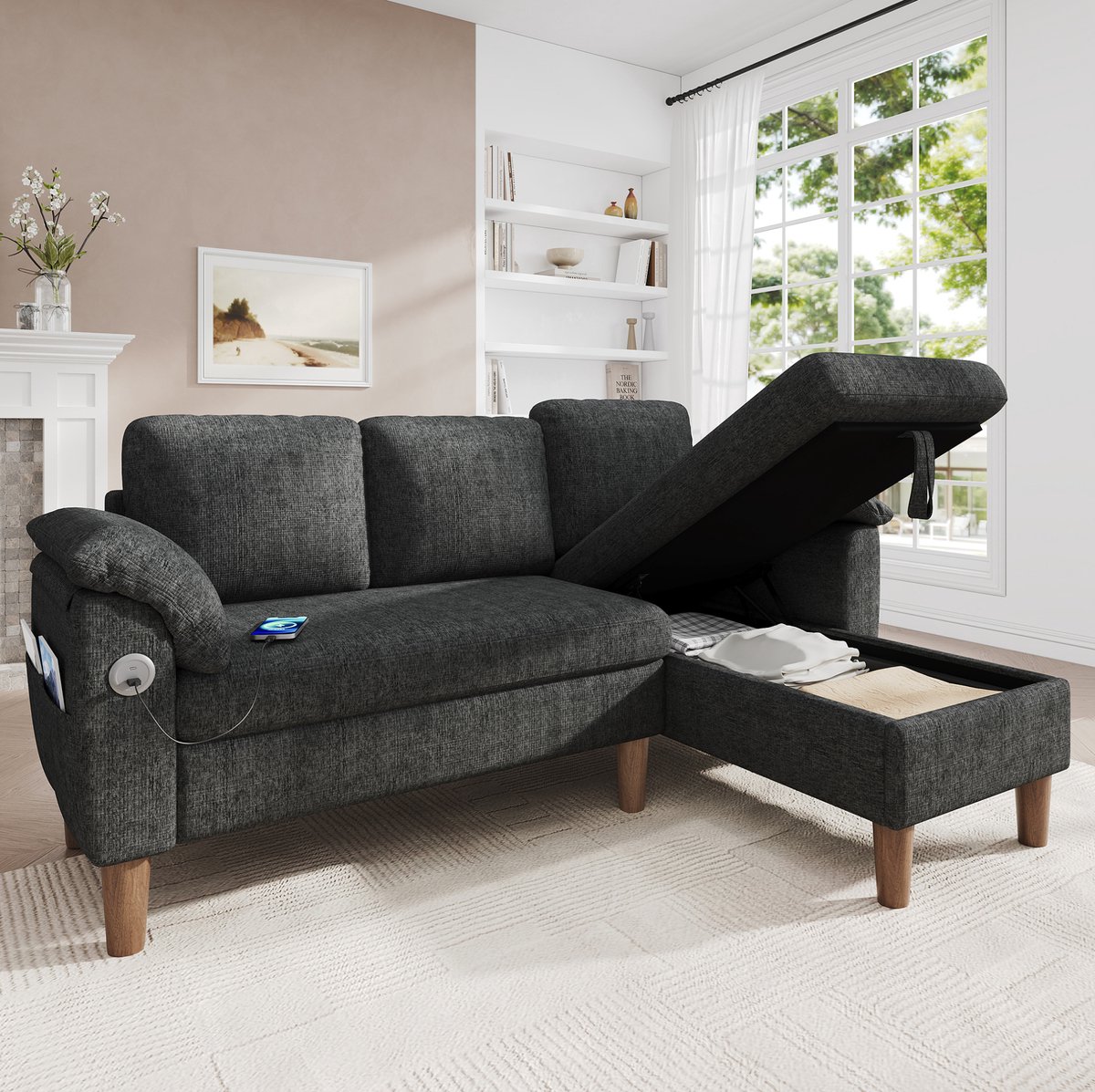 L Vormige Hoekbank 3 Zitplaatsen Met Opbergruimte En Verplaatsbare Chaise Longue Voor Woonkamer En Appartement Van Chenille Donkergrijs