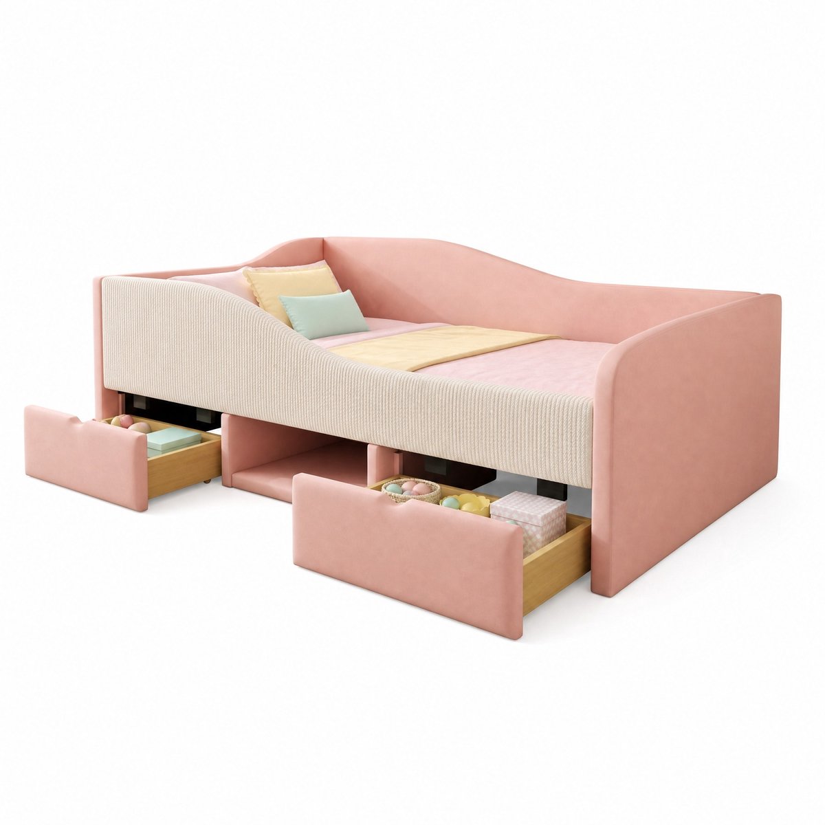 WUVRIE Bedbank 90x190 cm met 2 lades, opbergvakken en veiligheidshekken, roze/wit