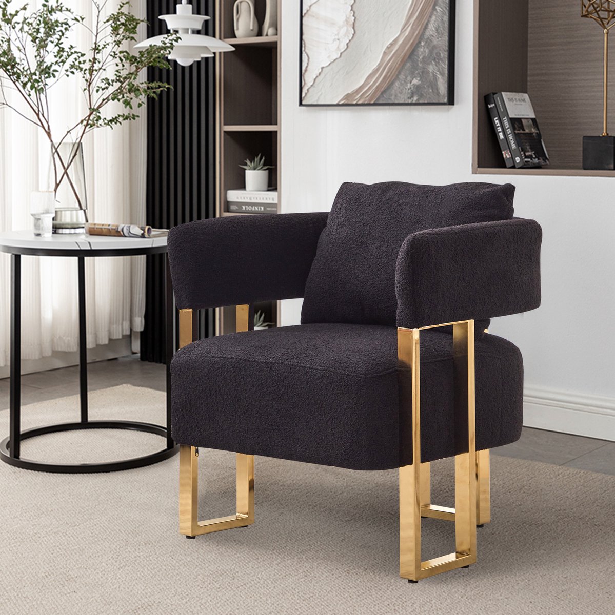 FloraGrace Fauteuil - Enkele Relaxstoel van Velours - Met Armleuningen, Rugkussen & Zachte Zitkussen - Voor Woonkamer, Slaapkamer, Balkon of Kantoor - Metaal - Zwart
