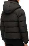 Dames Superdry gewatteerde jas met capuchon, donkergrijs, van achteren gezien.