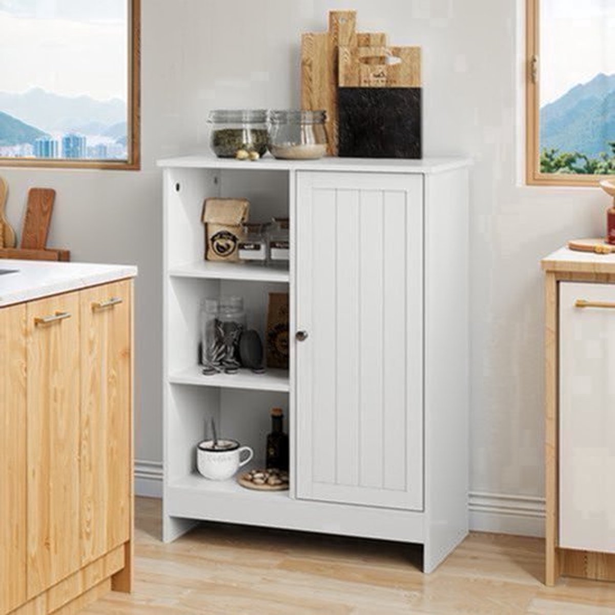Opbergkast – Opbergmeubel – Kast – Opbergrek – Opbergkastje – Bamboe – Wit – Vrijstaand – Verstelbare Planken – 60x30x80 cm – Duurzaam – Montagevrij